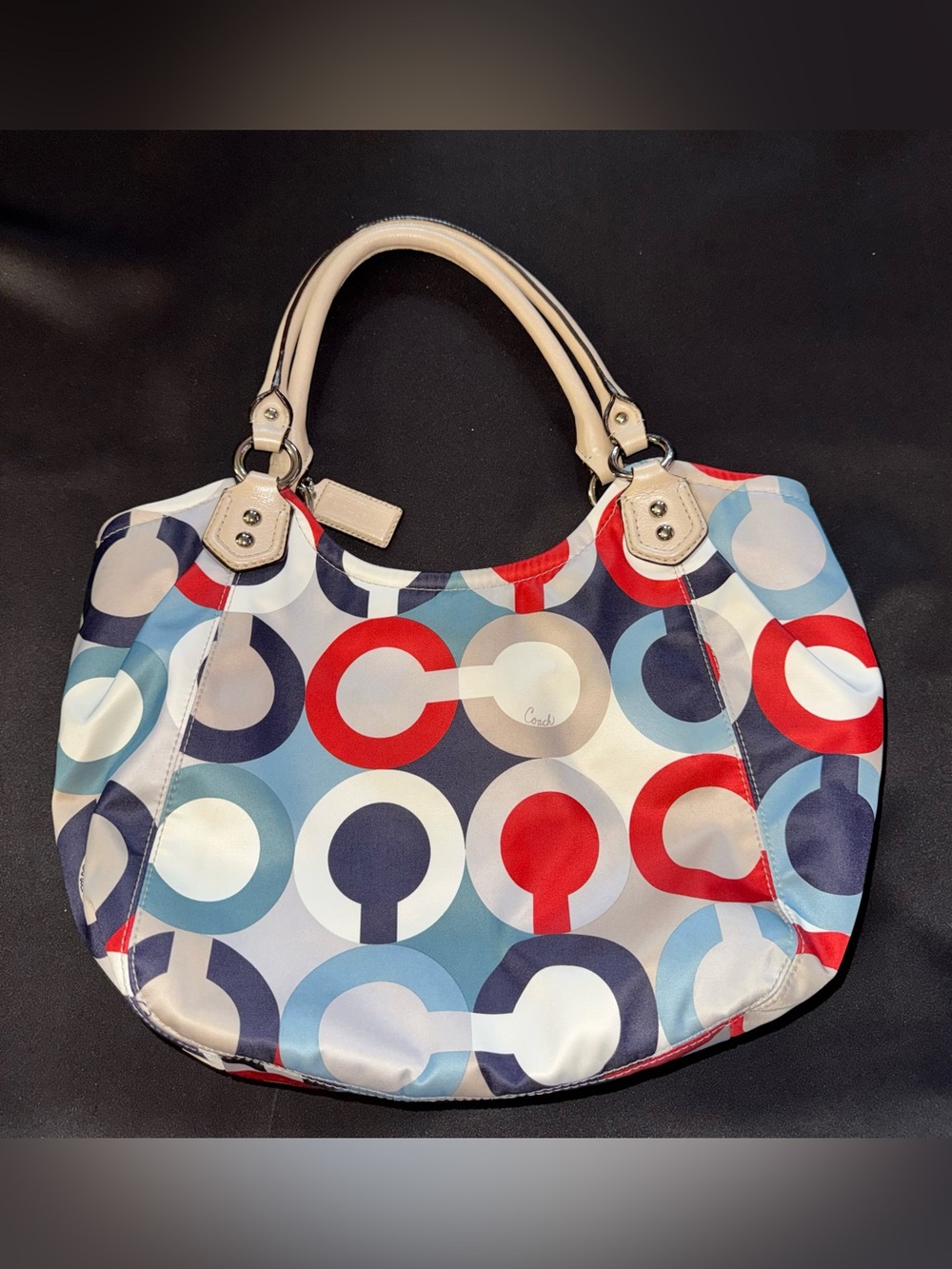 Coach Ashley Op Art Scarf Purse Tote Multicolor Red,White, & Blue - Picture 2 of 8